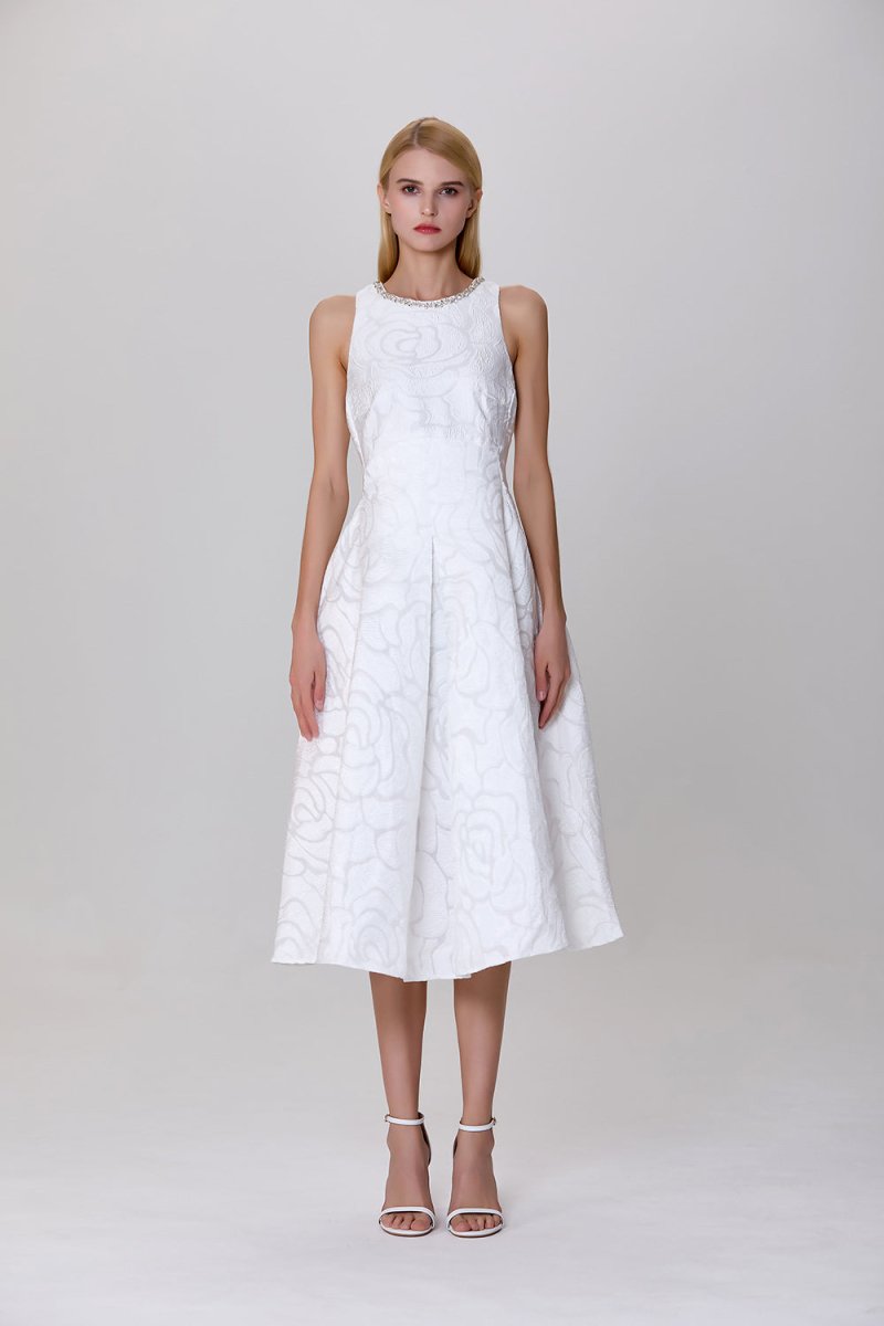 Robe trapèze blanche en jacquard texturé Carla avec col orné - RIVE GAUCHE
