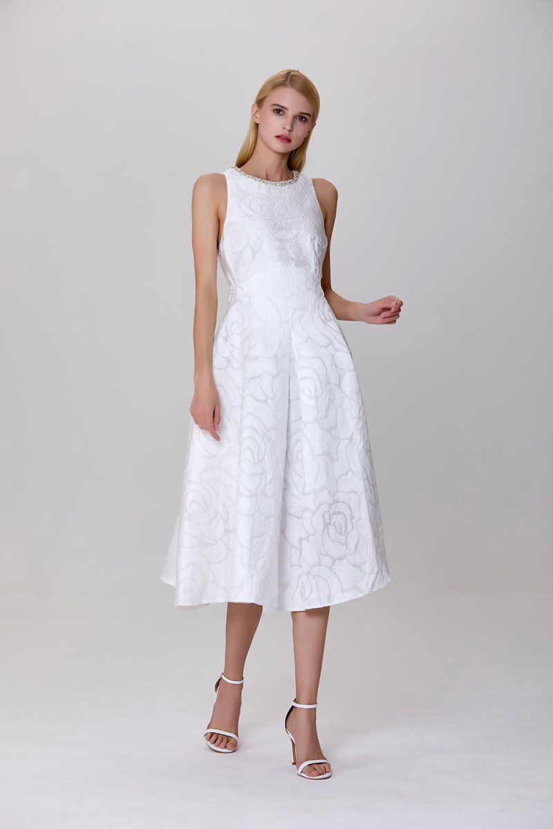 Robe trapèze blanche en jacquard texturé Carla avec col orné - RIVE GAUCHE
