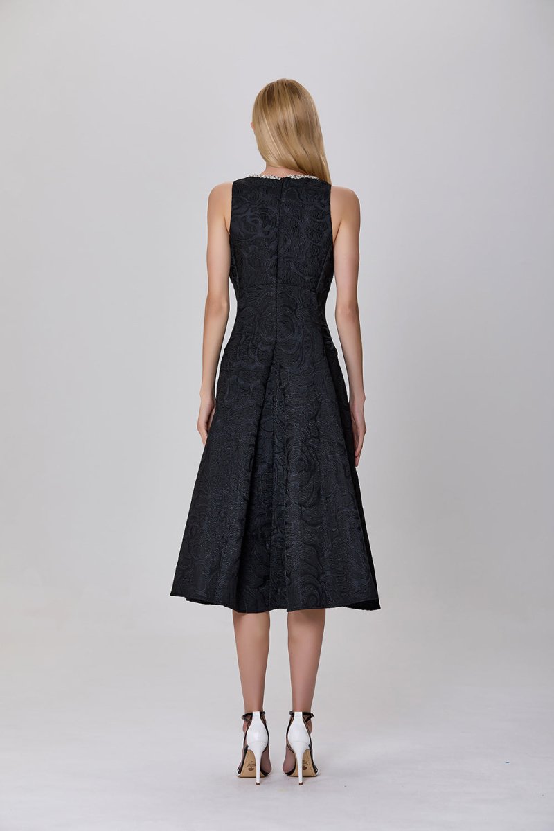 Robe trapèze noire en jacquard texturé Carla avec col orné - RIVE GAUCHE