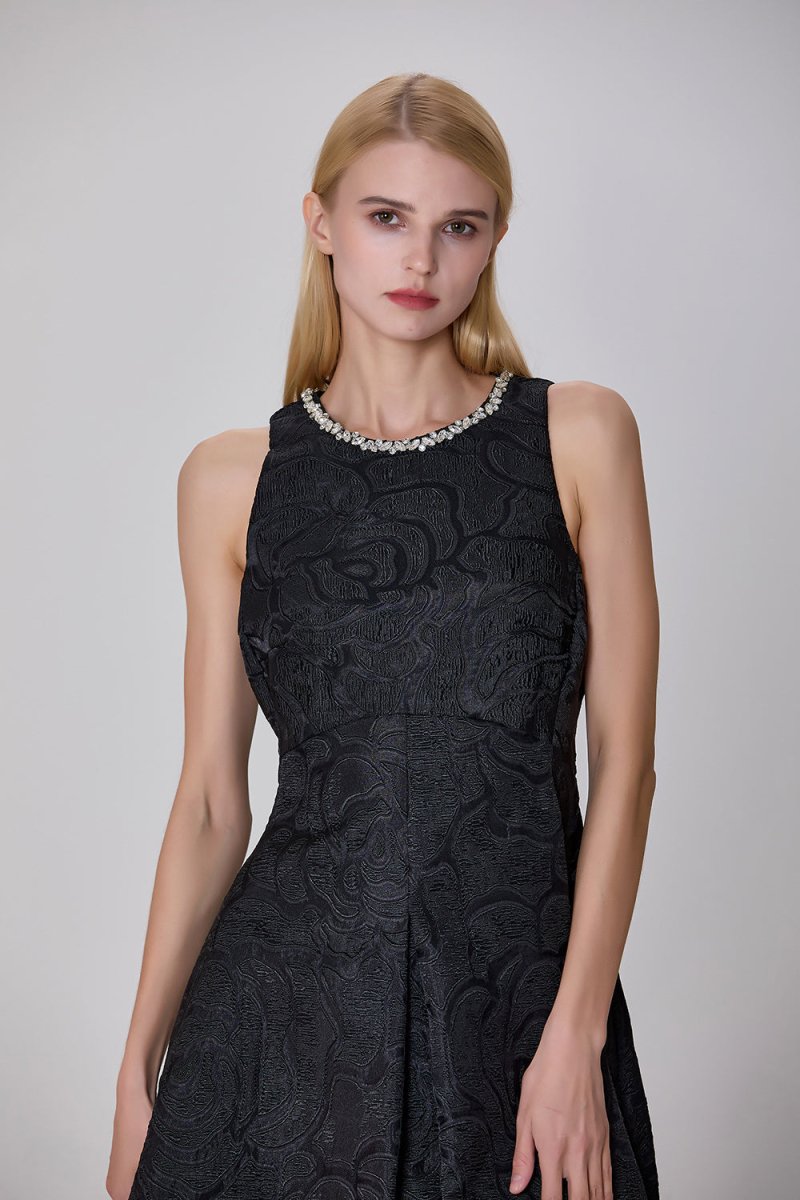 Robe trapèze noire en jacquard texturé Carla avec col orné - RIVE GAUCHE