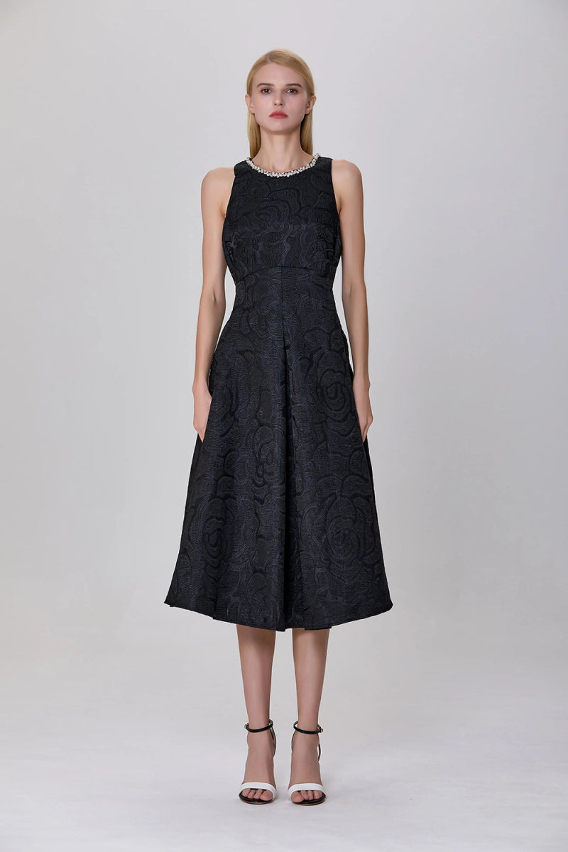 Robe trapèze noire en jacquard texturé Carla avec col orné - RIVE GAUCHE