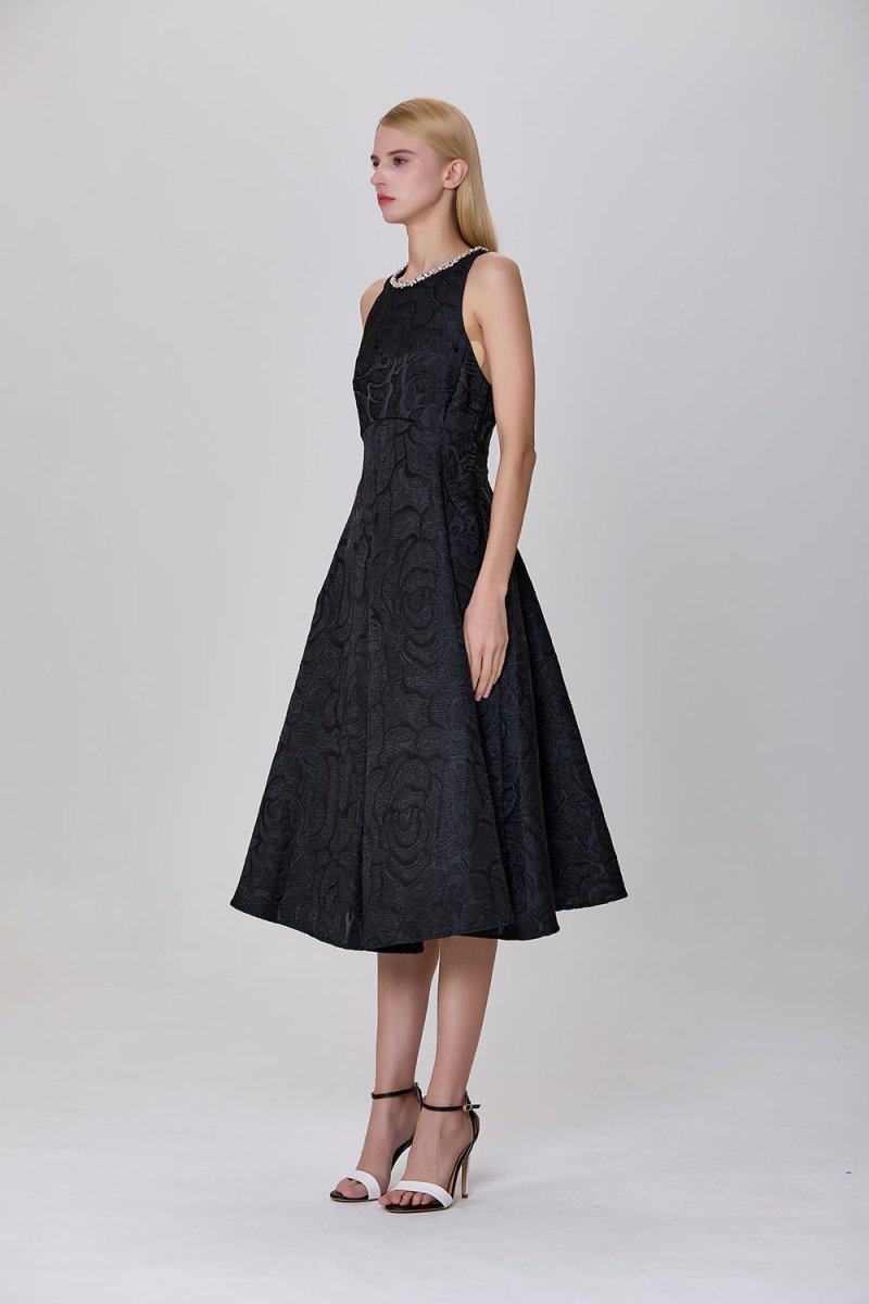 Robe trapèze noire en jacquard texturé Carla avec col orné - RIVE GAUCHE
