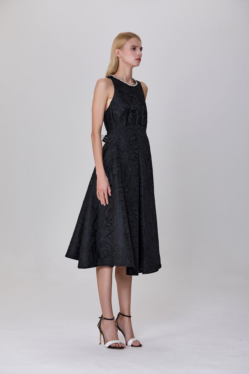 Robe trapèze noire en jacquard texturé Carla avec col orné - RIVE GAUCHE