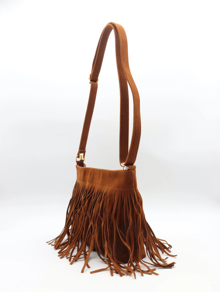 Sac à bandoulière camel en suédine avec franges décoratives - RIVE GAUCHE