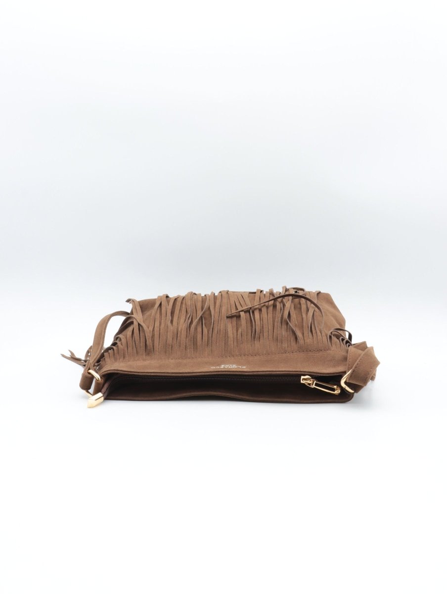 Sac à bandoulière camel en suédine avec franges décoratives - RIVE GAUCHE