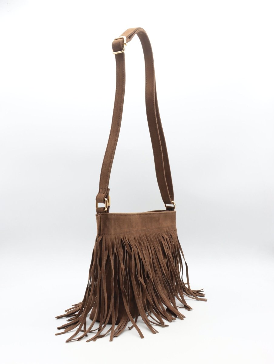 Sac à bandoulière camel en suédine avec franges décoratives - RIVE GAUCHE