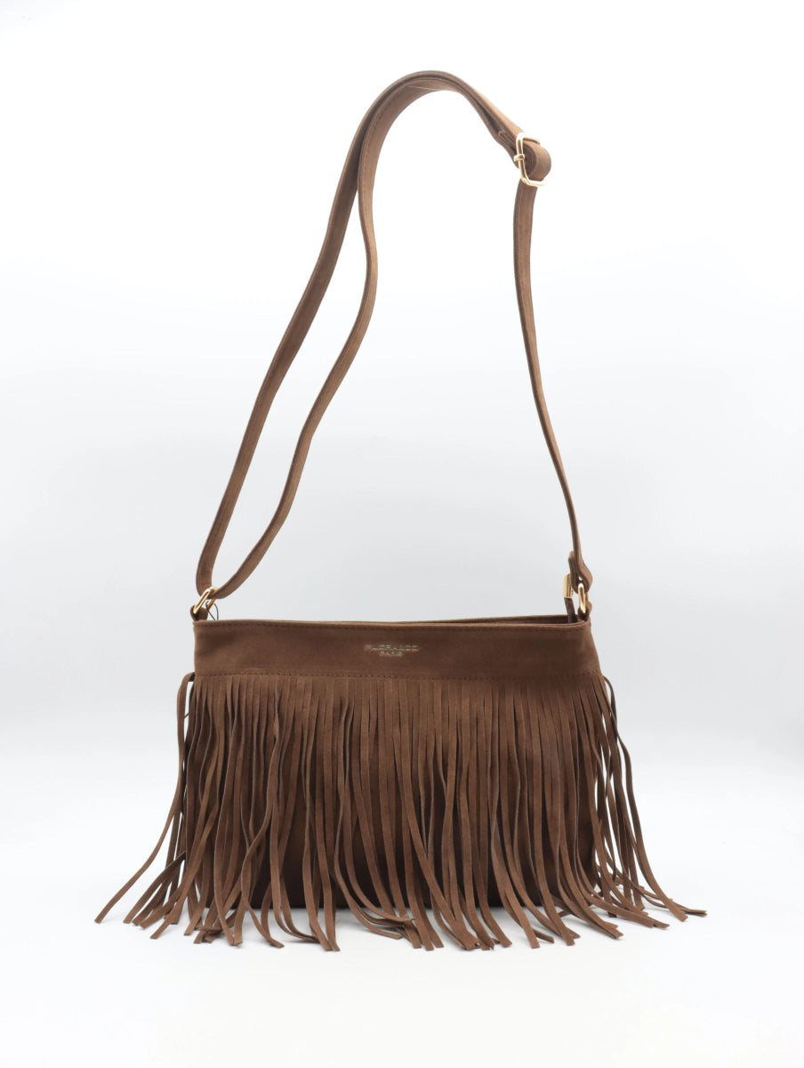 Sac à bandoulière camel en suédine avec franges décoratives - RIVE GAUCHE