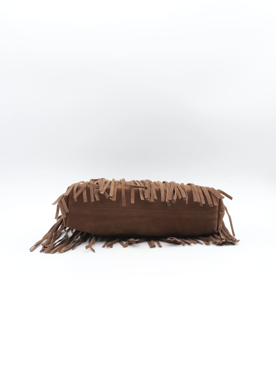 Sac à bandoulière camel en suédine avec franges décoratives - RIVE GAUCHE