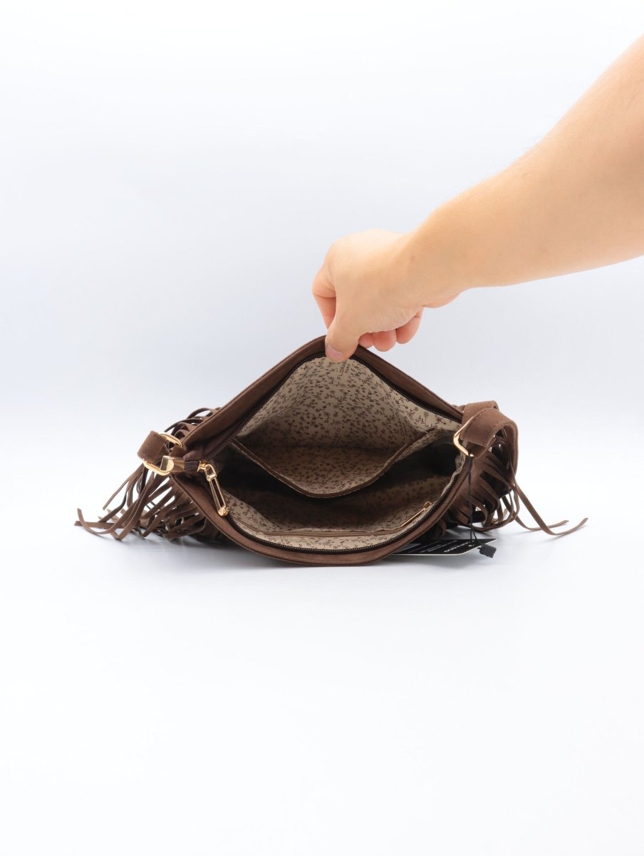 Sac à bandoulière camel en suédine avec franges décoratives - RIVE GAUCHE
