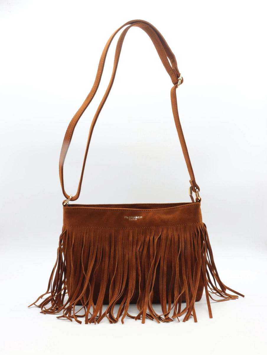 Sac à bandoulière camel en suédine avec franges décoratives - RIVE GAUCHE