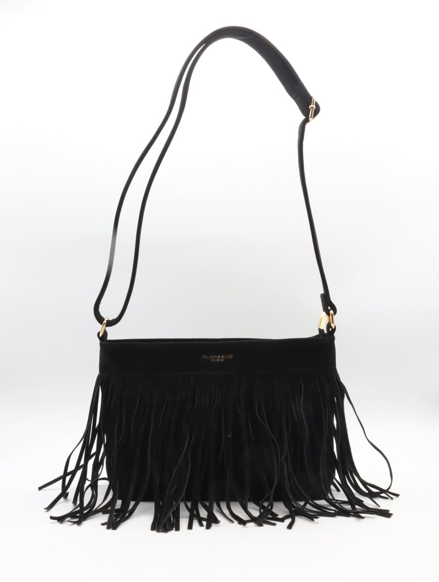 Sac à bandoulière noir en suédine avec franges décoratives - RIVE GAUCHE