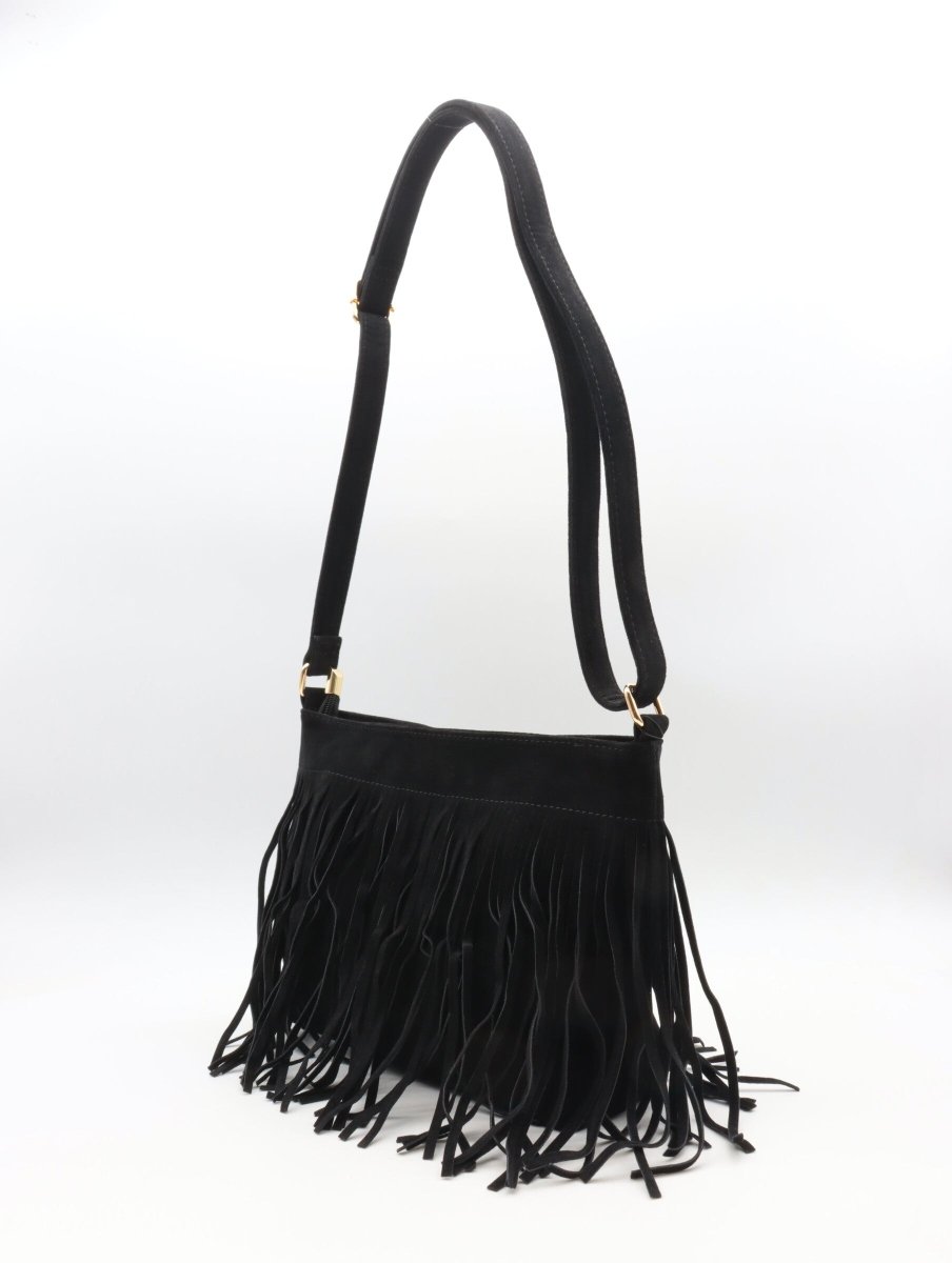 Sac à bandoulière noir en suédine avec franges décoratives - RIVE GAUCHE