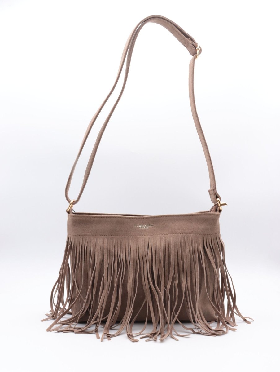 Sac à bandoulière taupe en suédine avec franges décoratives - RIVE GAUCHE