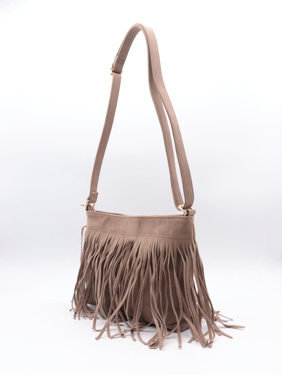 Sac à bandoulière taupe en suédine avec franges décoratives - RIVE GAUCHE