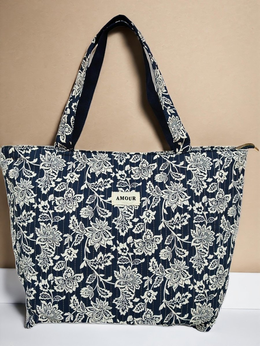 Sac cabas floral bleu matelassé en coton imprimé AMOUR - RIVE GAUCHE