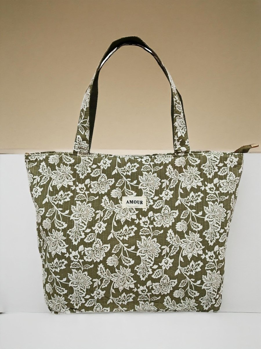 Sac cabas floral kaki matelassé en coton imprimé AMOUR - RIVE GAUCHE
