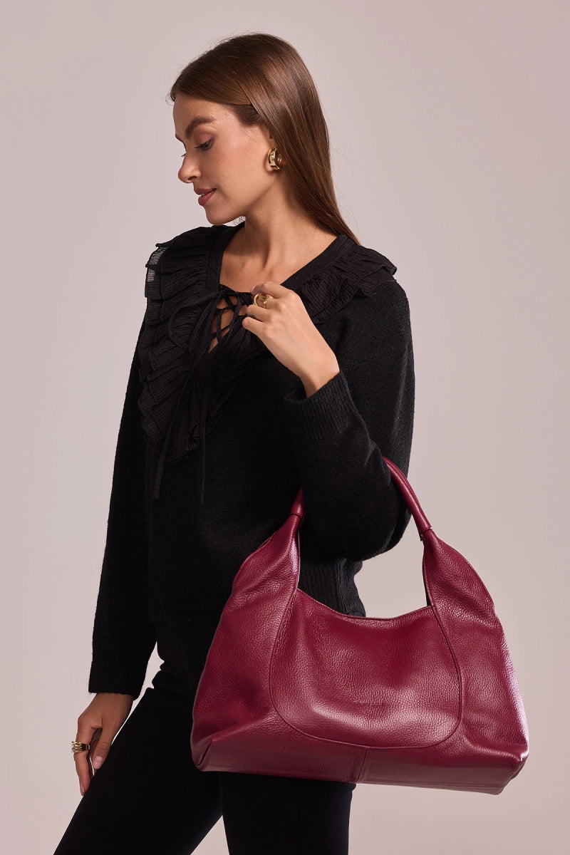 Sac porté épaule Angel en cuir de vachette grainé bordeaux - RIVE GAUCHE