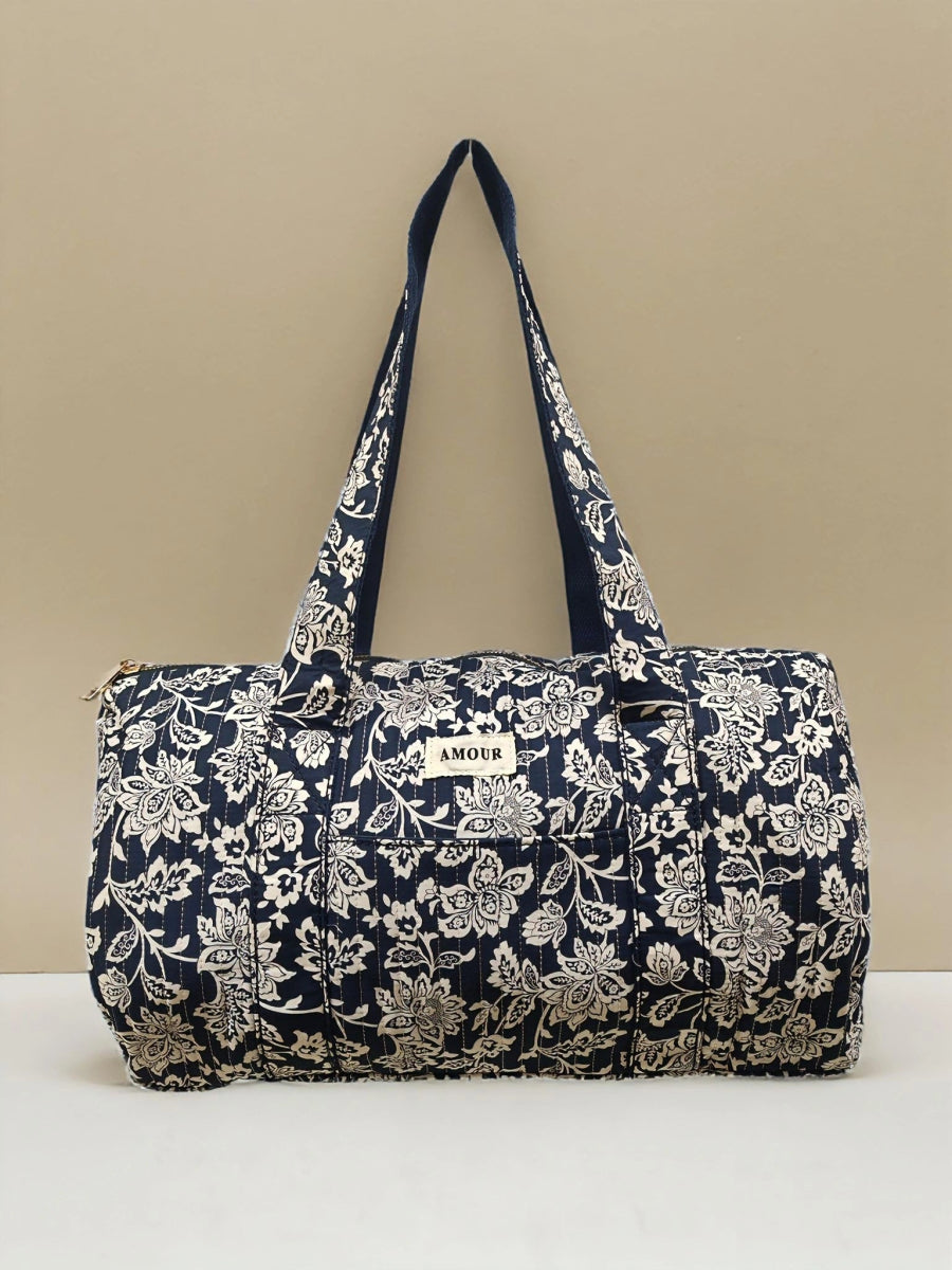 Sac week - end polochon floral bleu matelassé porté épaule en coton imprimé AMOUR - RIVE GAUCHE
