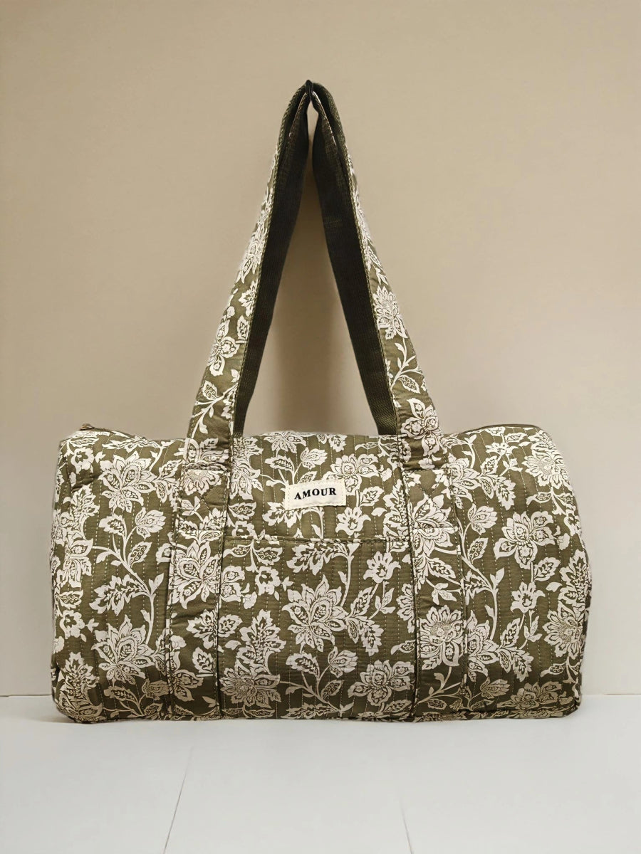 Sac week - end polochon floral kaki matelassé porté épaule en coton imprimé AMOUR - RIVE GAUCHE