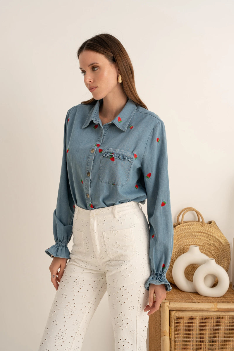 Surchemise en jeans brodé de fraises - RIVE GAUCHE