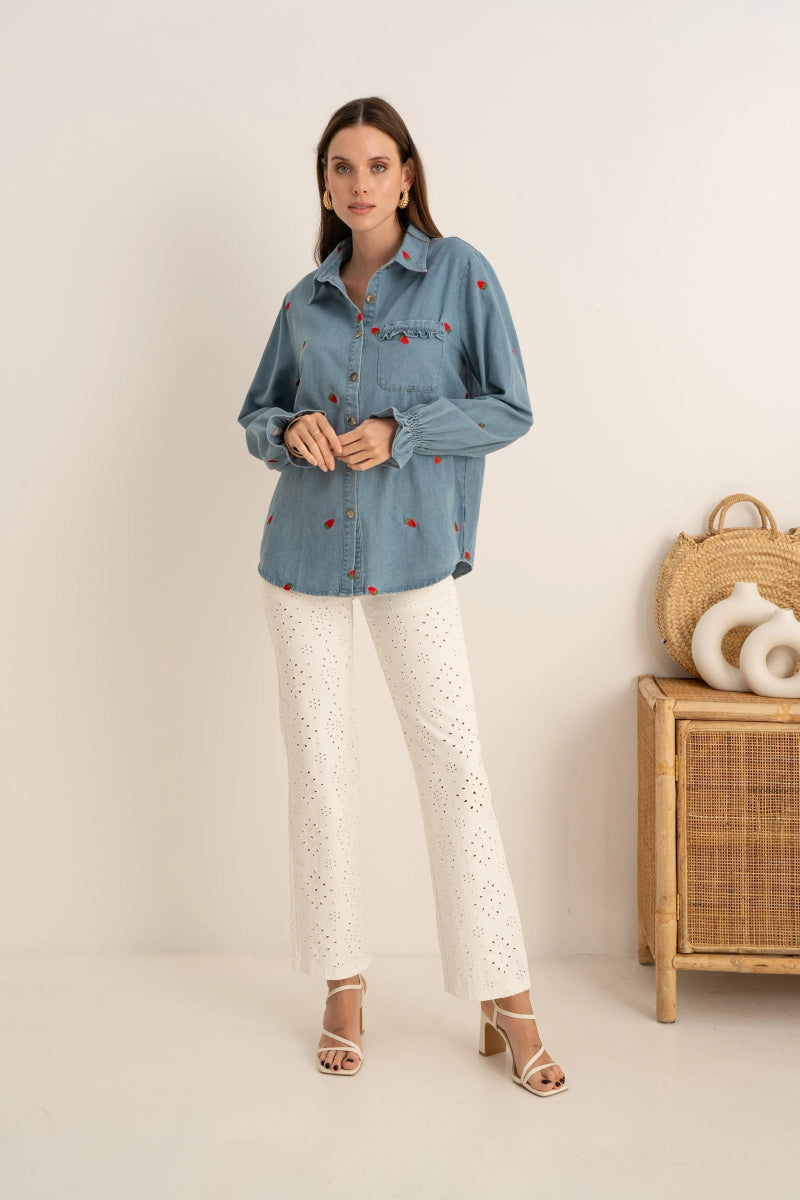 Surchemise en jeans brodé de fraises - RIVE GAUCHE