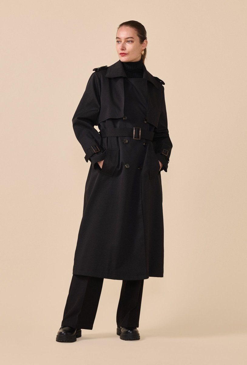 Trench - coat long ceinturé en coton noir - RIVE GAUCHE