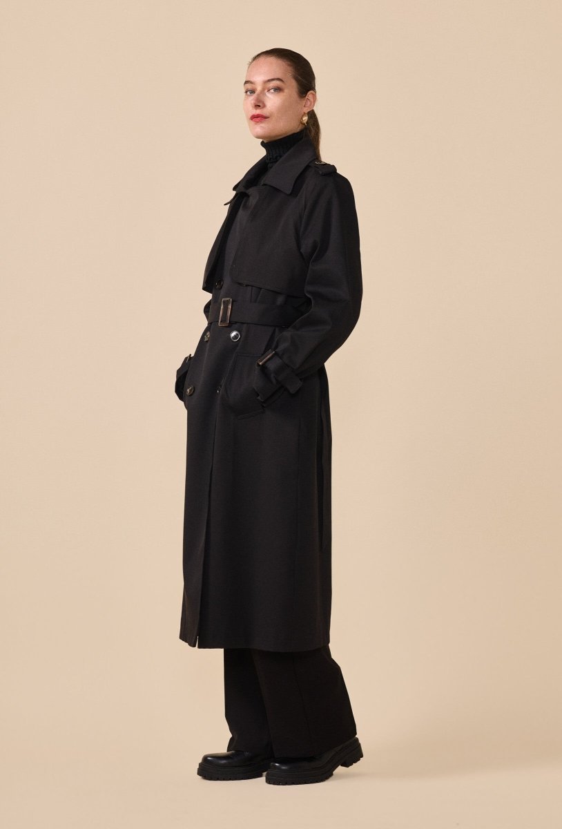 Trench - coat long ceinturé en coton noir - RIVE GAUCHE