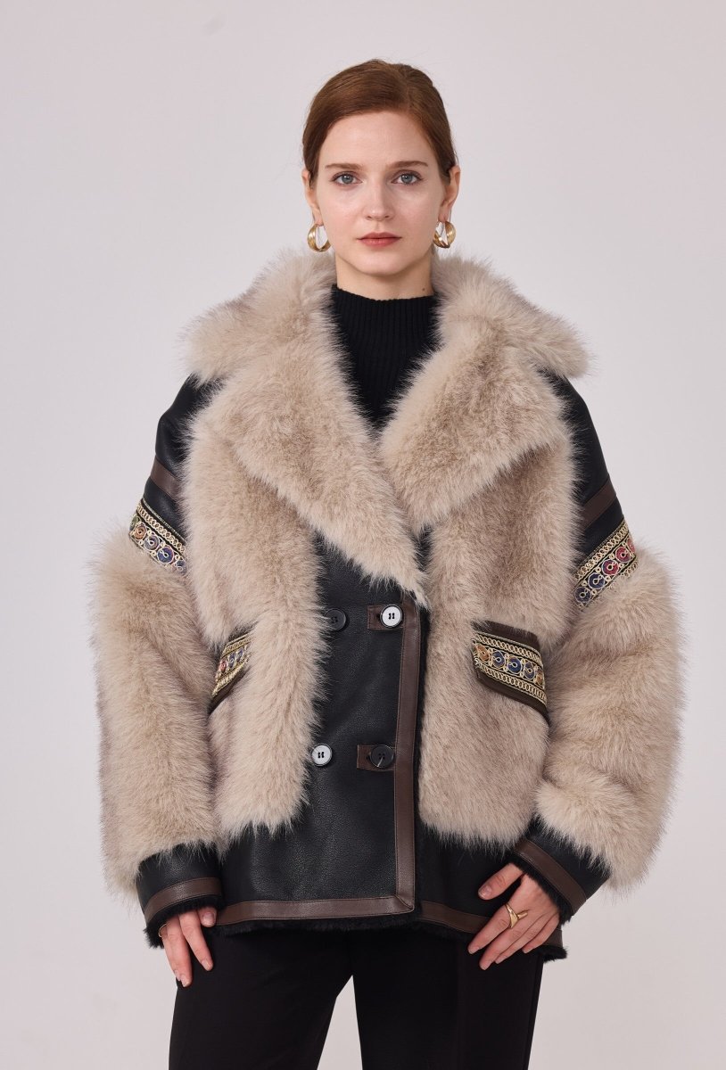 Veste Anna en fourrure synthétique beige avec finitions en similicuir - RIVE GAUCHE