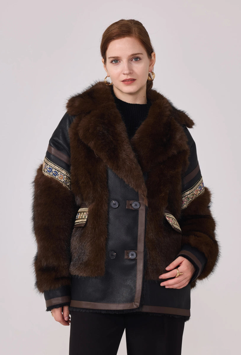 Veste Anna en fourrure synthétique marron avec finitions en similicuir - RIVE GAUCHE