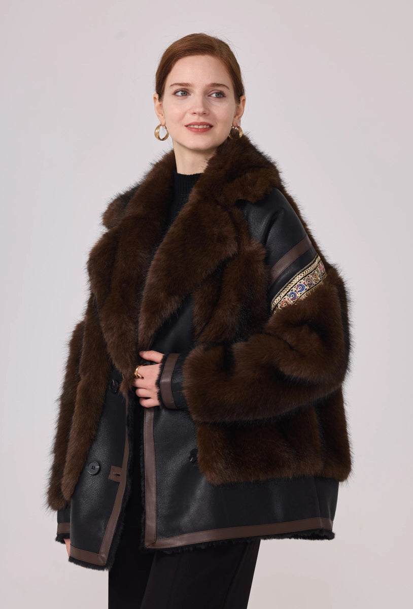 Veste Anna en fourrure synthétique marron avec finitions en similicuir - RIVE GAUCHE