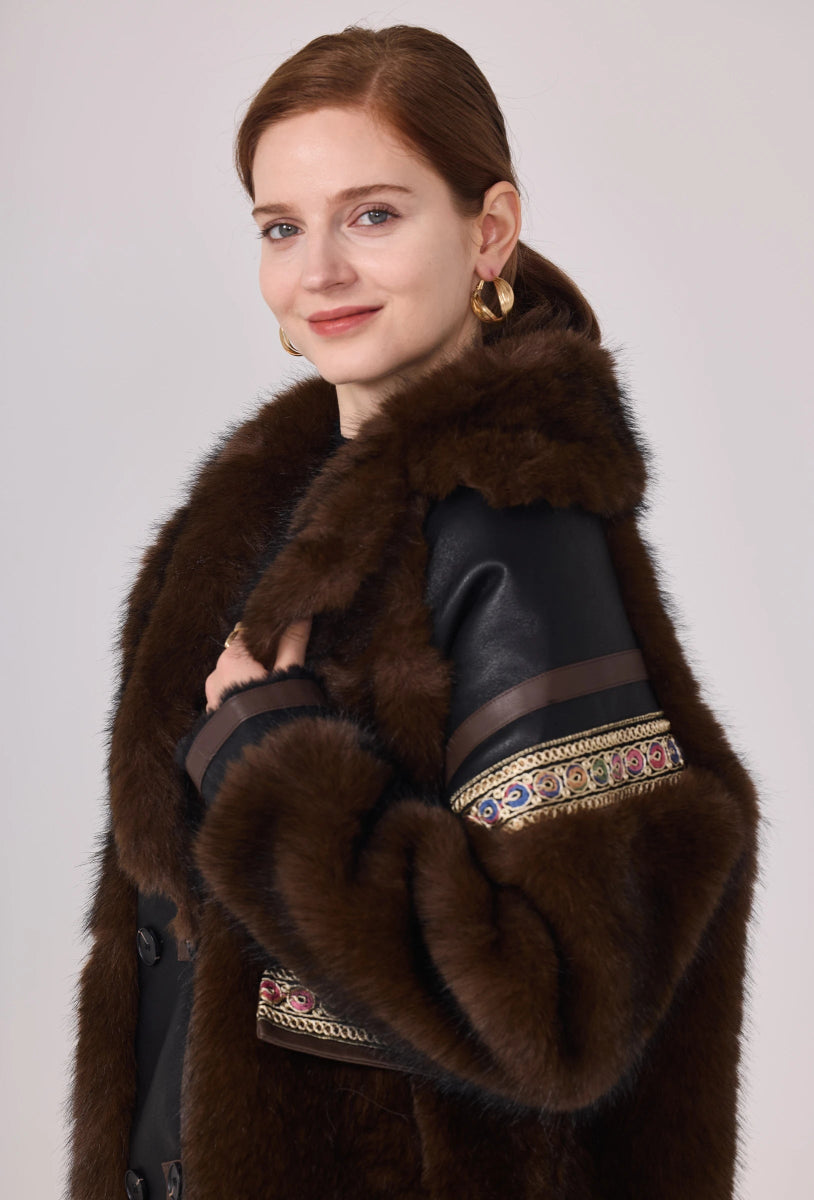 Veste Anna en fourrure synthétique marron avec finitions en similicuir - RIVE GAUCHE