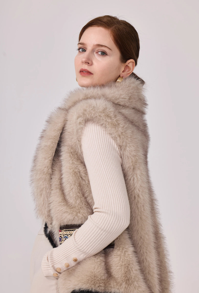 Veste Anna sans manches en fourrure synthétique beige avec finitions en similicuir - RIVE GAUCHE