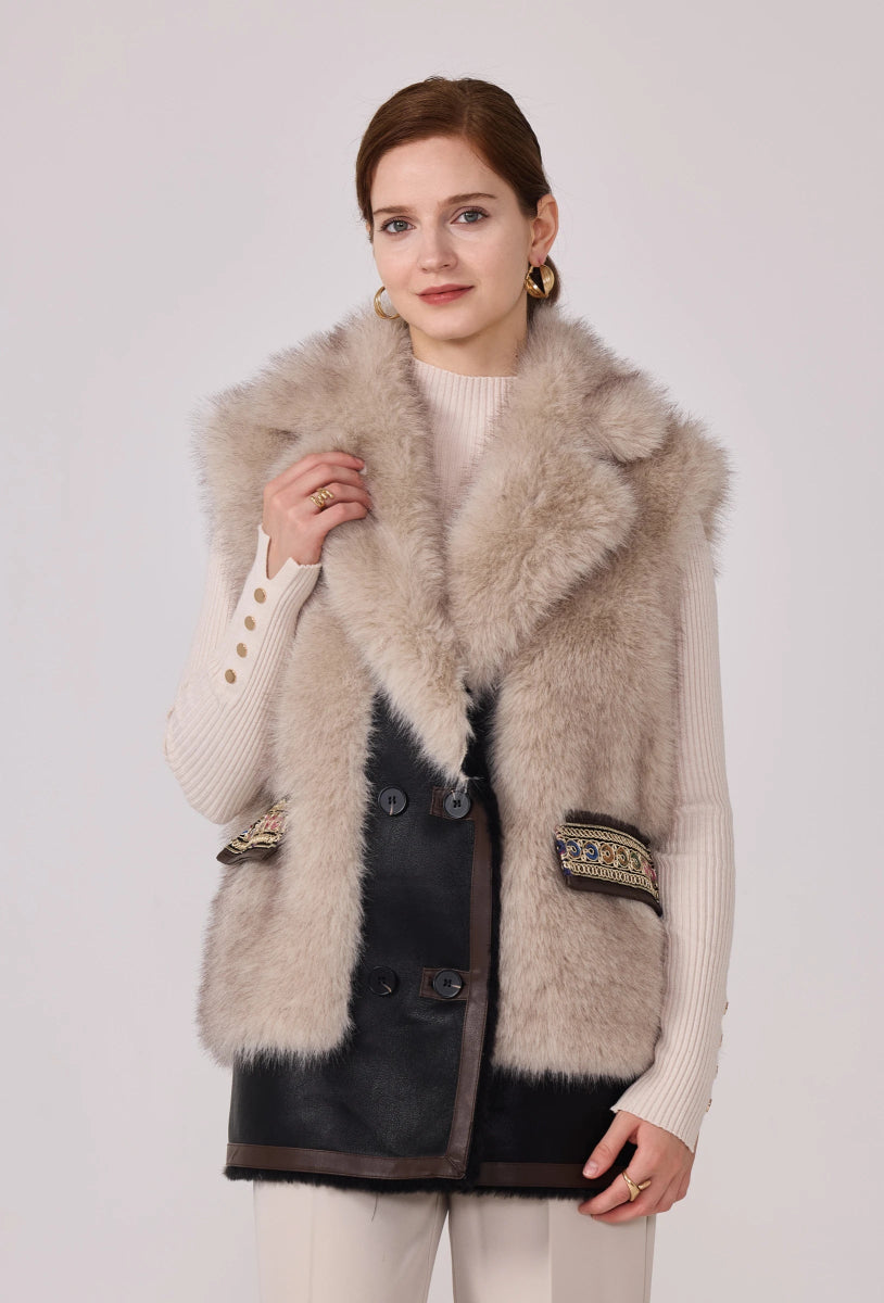 Veste Anna sans manches en fourrure synthétique beige avec finitions en similicuir - RIVE GAUCHE