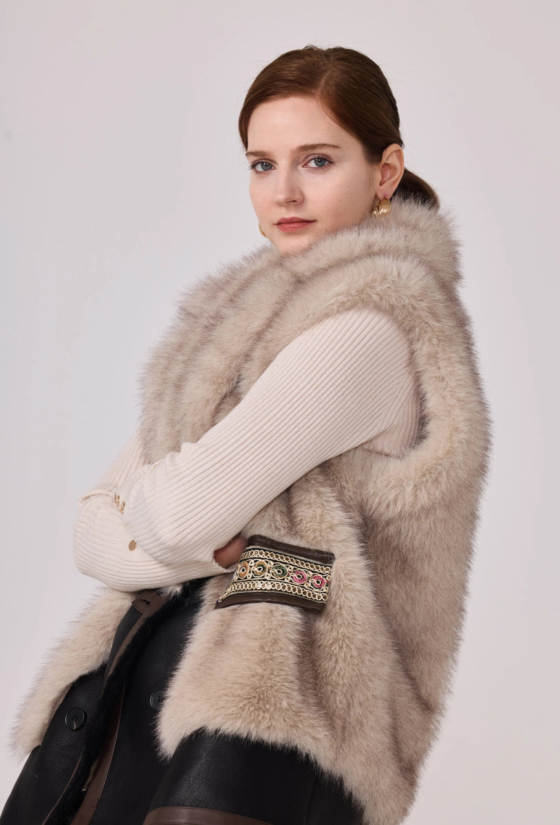 Veste Anna sans manches en fourrure synthétique beige avec finitions en similicuir - RIVE GAUCHE