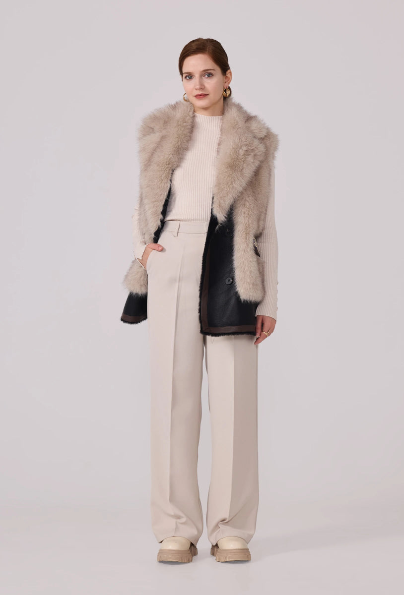 Veste Anna sans manches en fourrure synthétique beige avec finitions en similicuir - RIVE GAUCHE