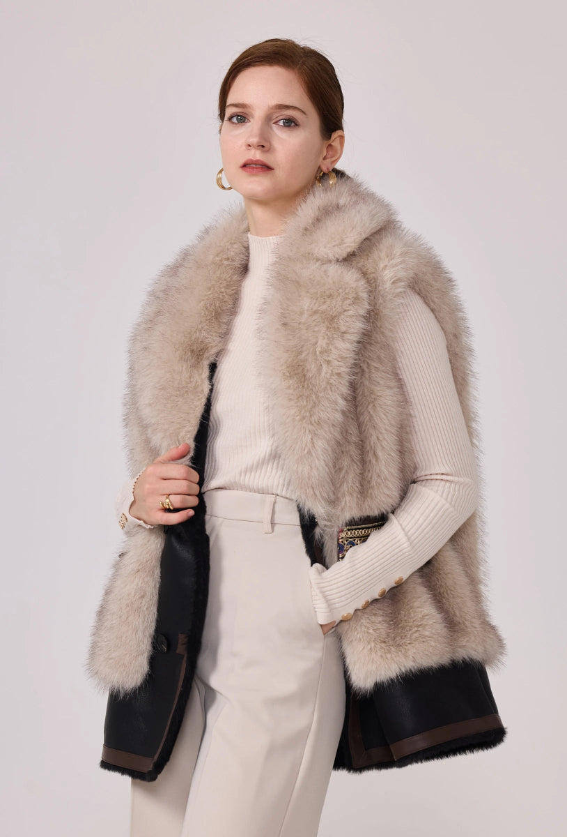 Veste Anna sans manches en fourrure synthétique beige avec finitions en similicuir - RIVE GAUCHE