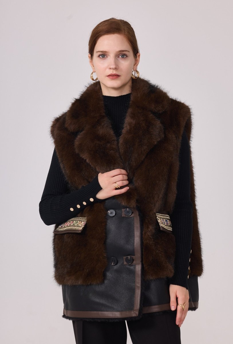 Veste Anna sans manches en fourrure synthétique marron avec finitions en similicuir - RIVE GAUCHE