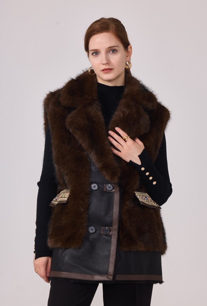 Veste Anna sans manches en fourrure synthétique marron avec finitions en similicuir - RIVE GAUCHE