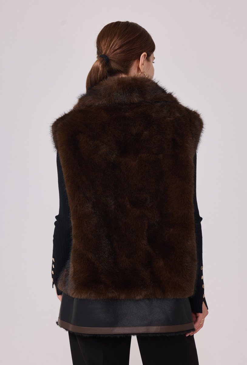 Veste Anna sans manches en fourrure synthétique marron avec finitions en similicuir - RIVE GAUCHE