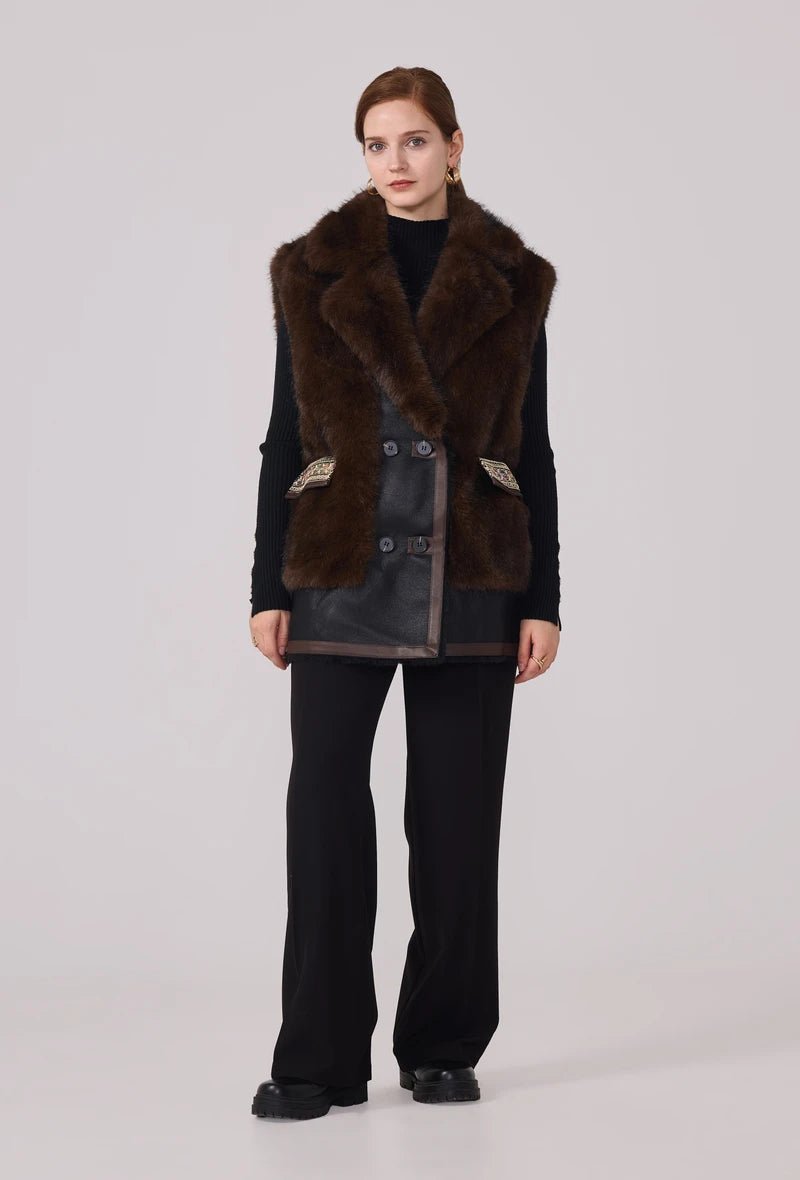 Veste Anna sans manches en fourrure synthétique marron avec finitions en similicuir - RIVE GAUCHE