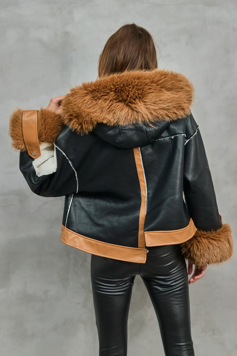 Veste asymétrique en bi matière à capuche avec fausse fourrure - RIVE GAUCHE