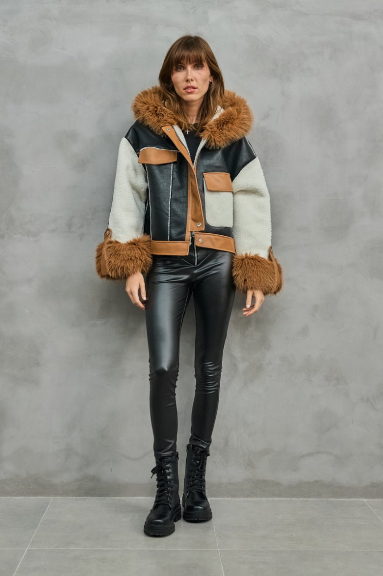 Veste asymétrique en bi matière à capuche avec fausse fourrure - RIVE GAUCHE