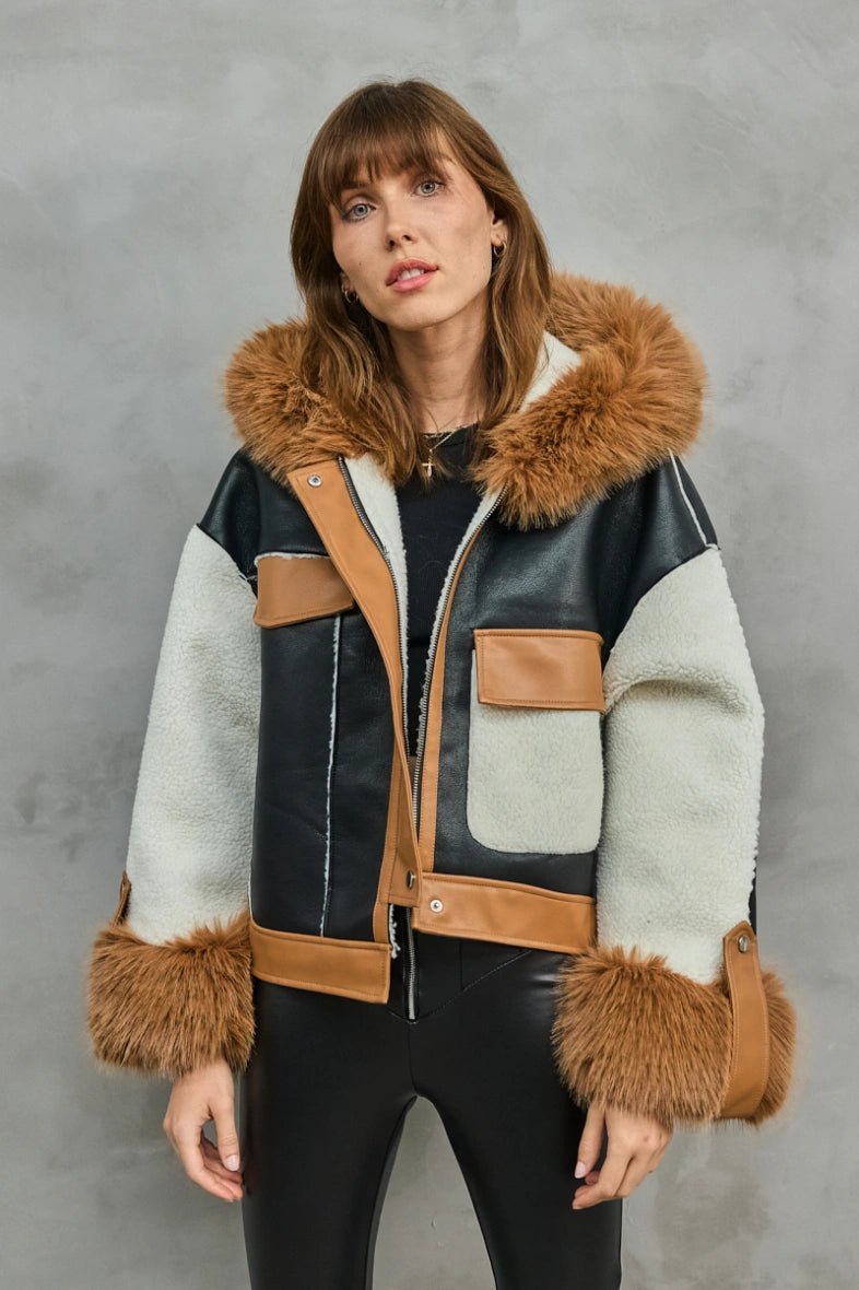 Veste asymétrique en bi matière à capuche avec fausse fourrure - RIVE GAUCHE