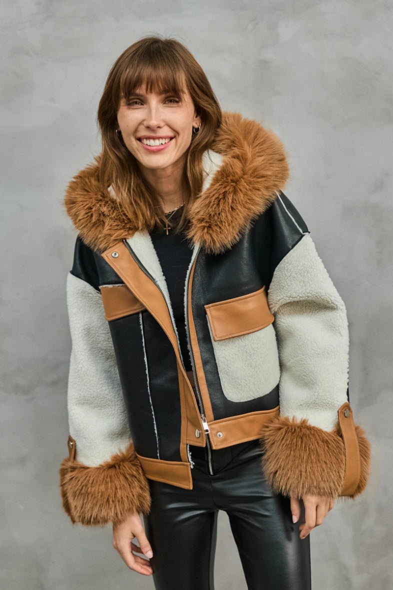 Veste asymétrique en bi matière à capuche avec fausse fourrure - RIVE GAUCHE