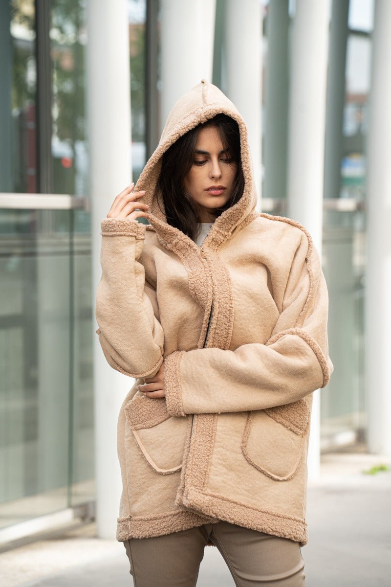 Veste aviateur beige en fausse peau avec capuche - RIVE GAUCHE