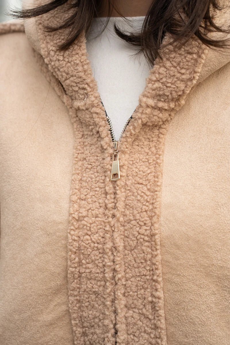 Veste aviateur beige en fausse peau avec capuche - RIVE GAUCHE