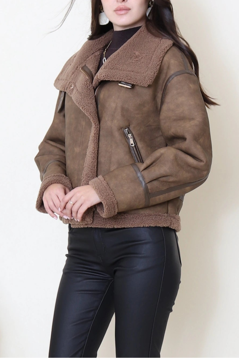 Veste aviateur bi matière chocolat - RIVE GAUCHE