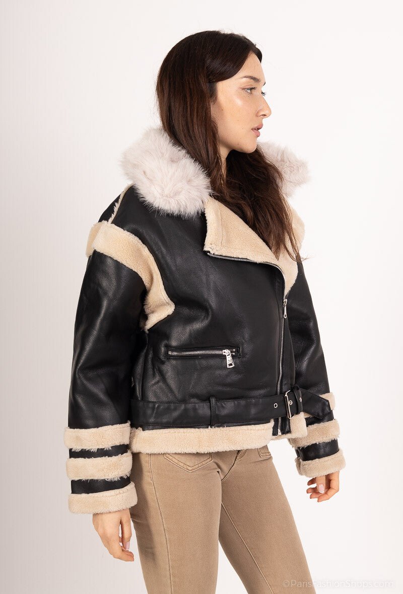 Veste aviateur bi matière en simili cuir et shearling - RIVE GAUCHE