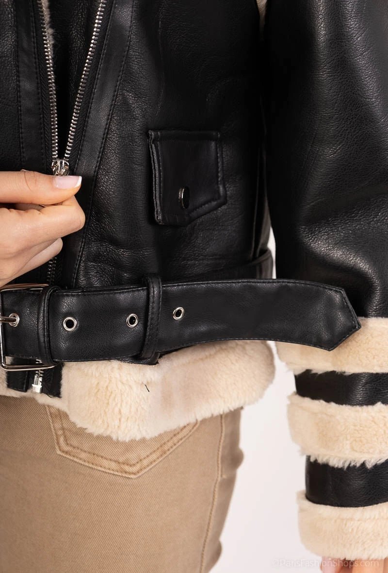 Veste aviateur bi matière en simili cuir et shearling - RIVE GAUCHE