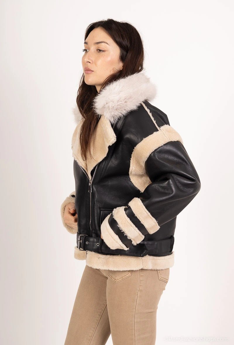 Veste aviateur bi matière en simili cuir et shearling - RIVE GAUCHE